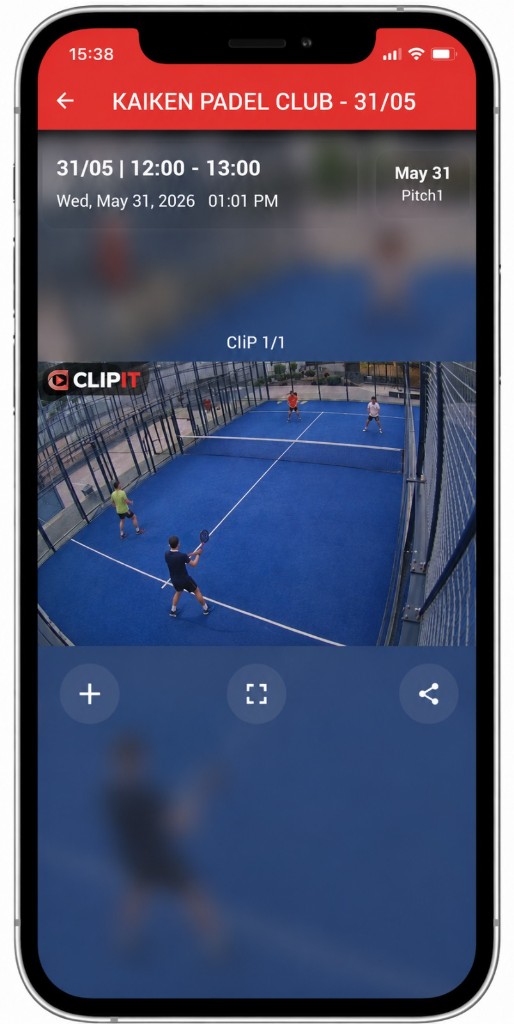 ClipIt app reviewing a padel highlight with club branding and share controls